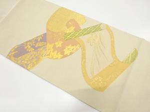綴れ　絵巻物に荒波・花・古典柄織り出し　袋帯